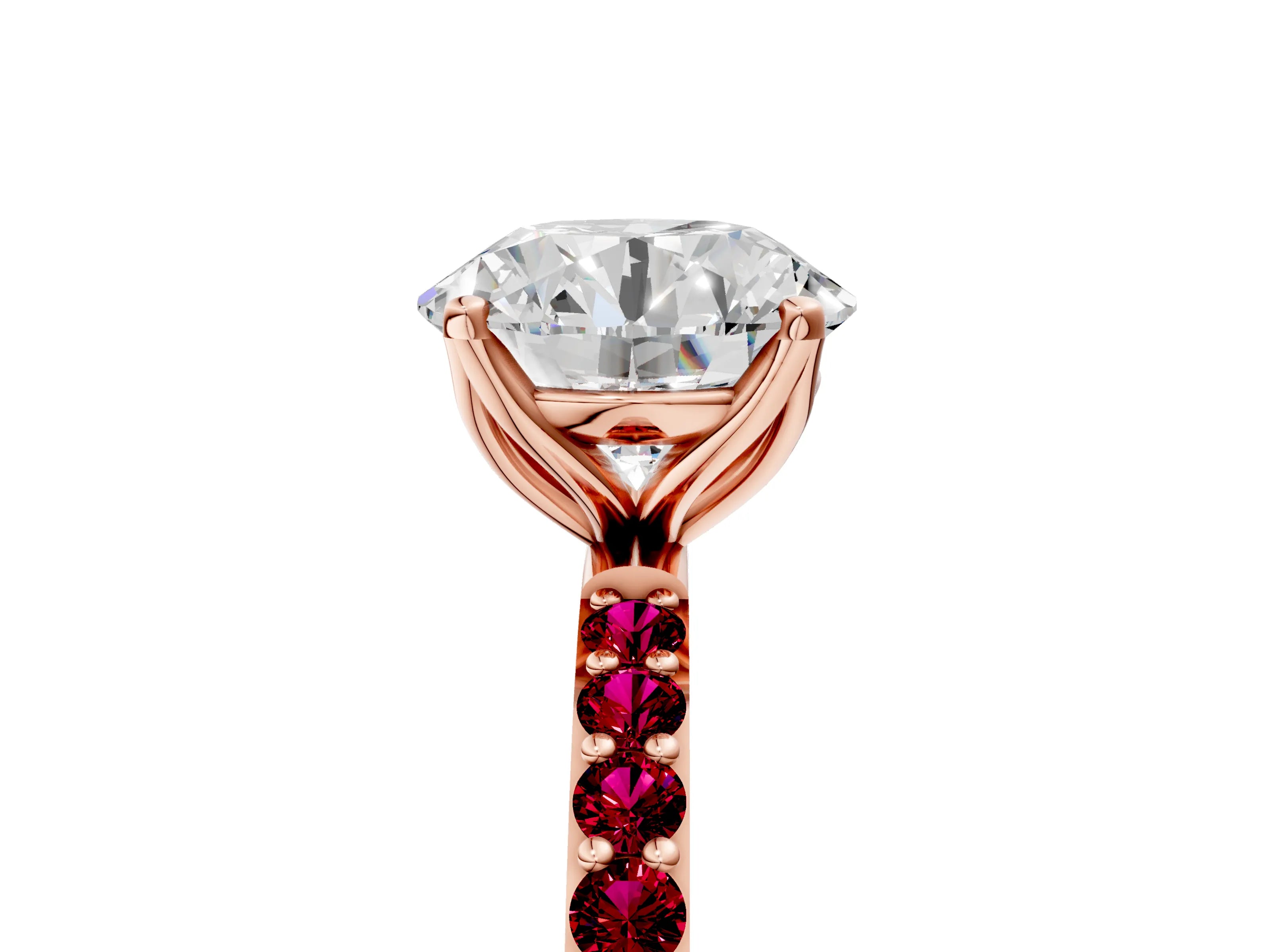 Rose gold Round Cut Diamond Solitaire Engagement Ring with Round with Garnet side stone Pavé Band and Prong Setting_5