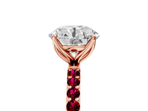 Rose gold Round Cut Diamond Solitaire Engagement Ring with Round with Garnet side stone Pavé Band and Prong Setting_5