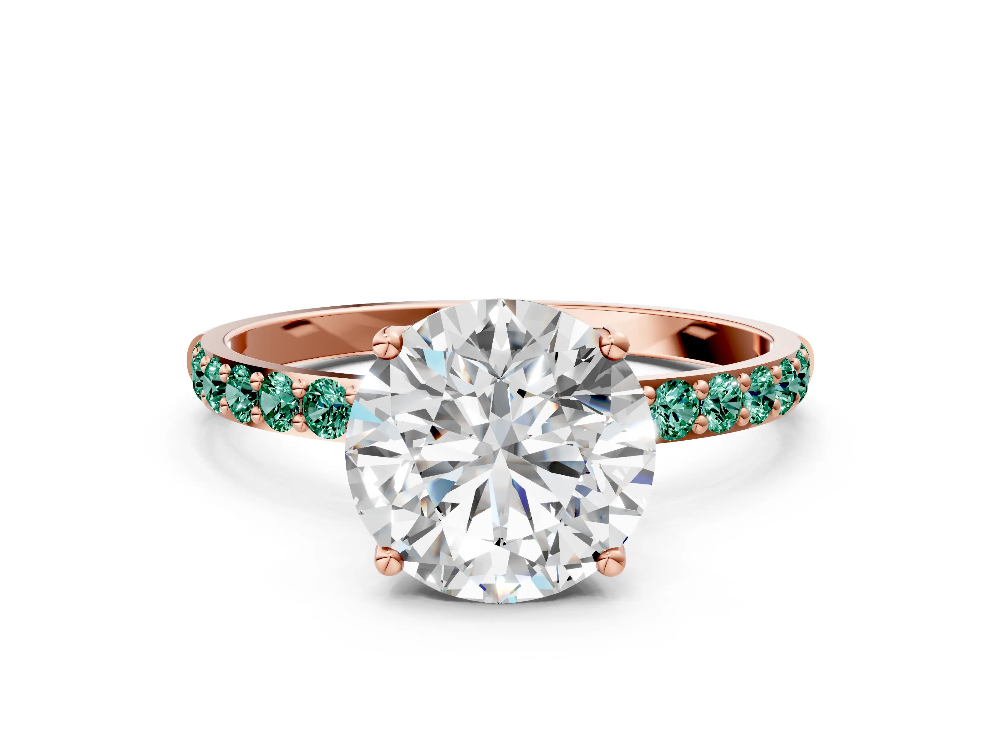 Rose gold Round Cut Diamond Solitaire Engagement Ring with Round with Green Sapphire side stone Pavé Band and Prong Setting