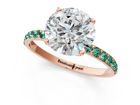 Rose gold Round Cut Diamond Solitaire Engagement Ring with Round with Green Sapphire side stone Pavé Band and Prong Setting_1