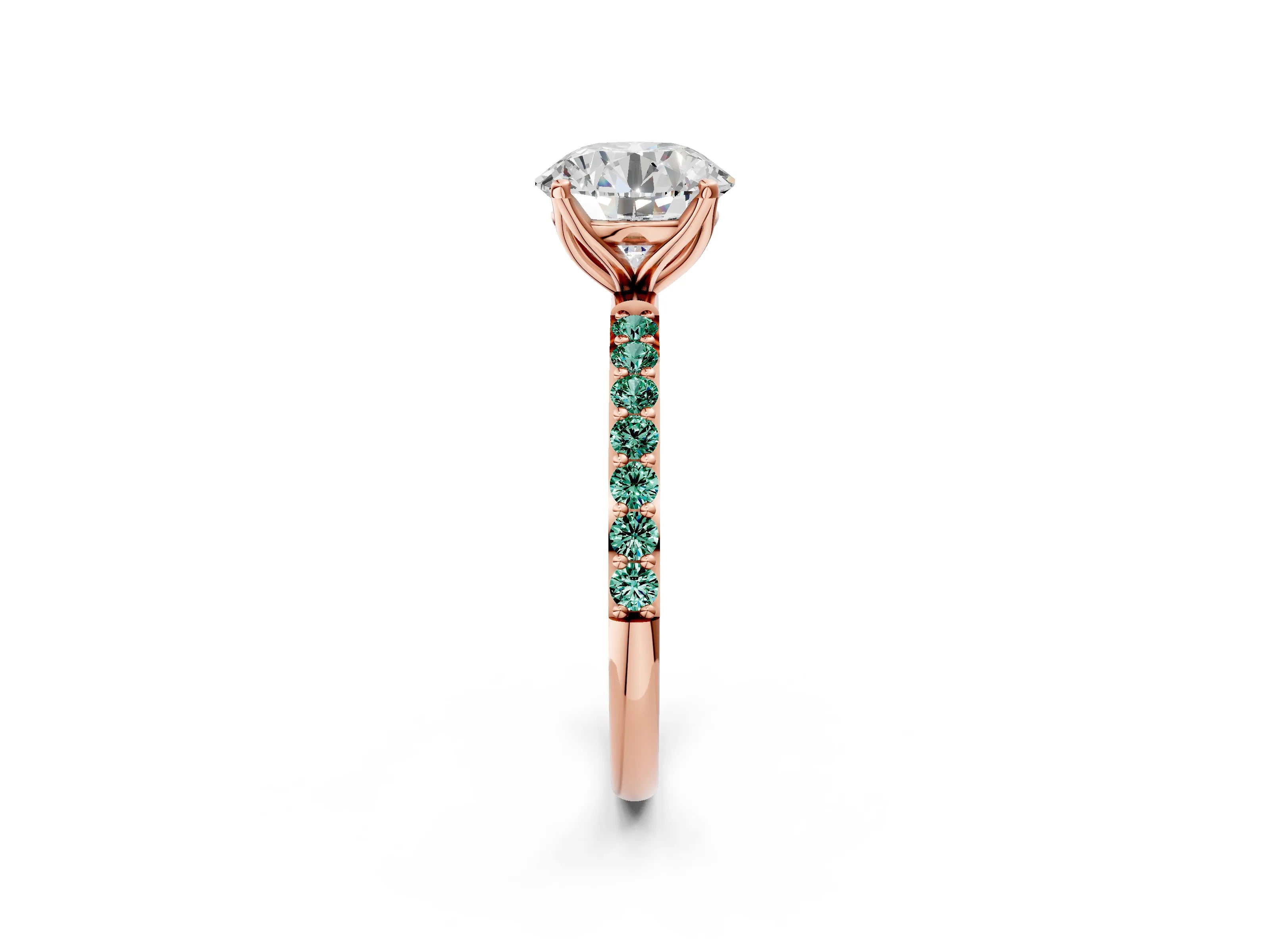 Rose gold Round Cut Diamond Solitaire Engagement Ring with Round with Green Sapphire side stone Pavé Band and Prong Setting_2