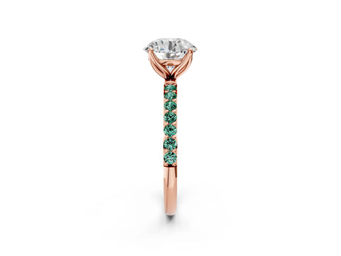 Rose gold Round Cut Diamond Solitaire Engagement Ring with Round with Green Sapphire side stone Pavé Band and Prong Setting_2