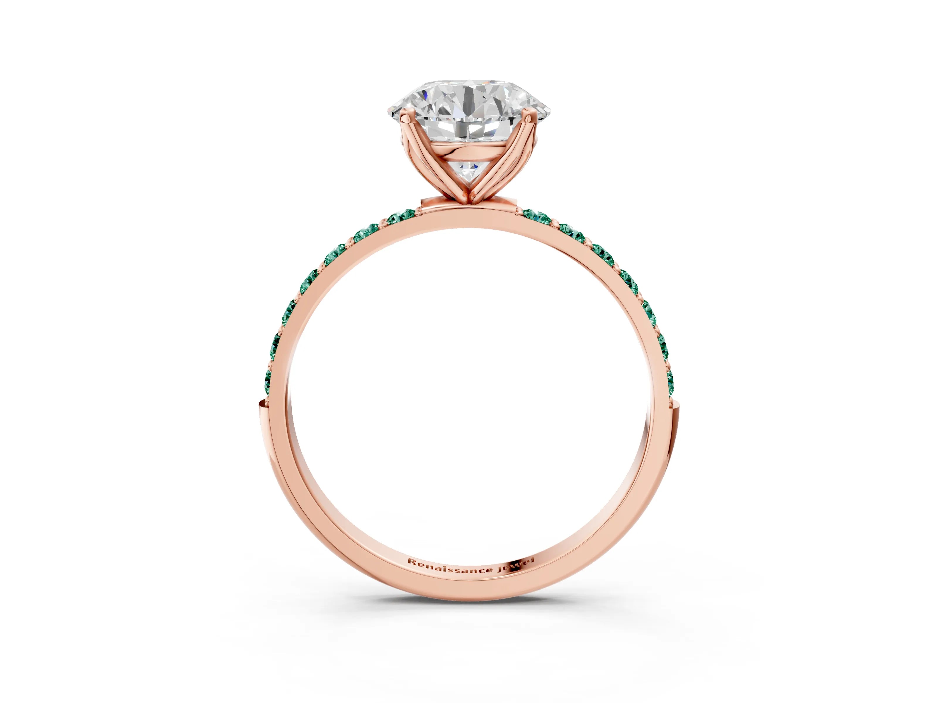 Rose gold Round Cut Diamond Solitaire Engagement Ring with Round with Green Sapphire side stone Pavé Band and Prong Setting_3