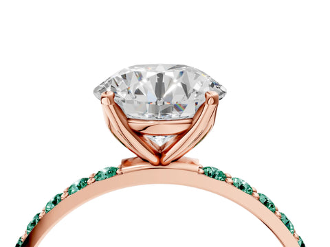 Rose gold Round Cut Diamond Solitaire Engagement Ring with Round with Green Sapphire side stone Pavé Band and Prong Setting_4