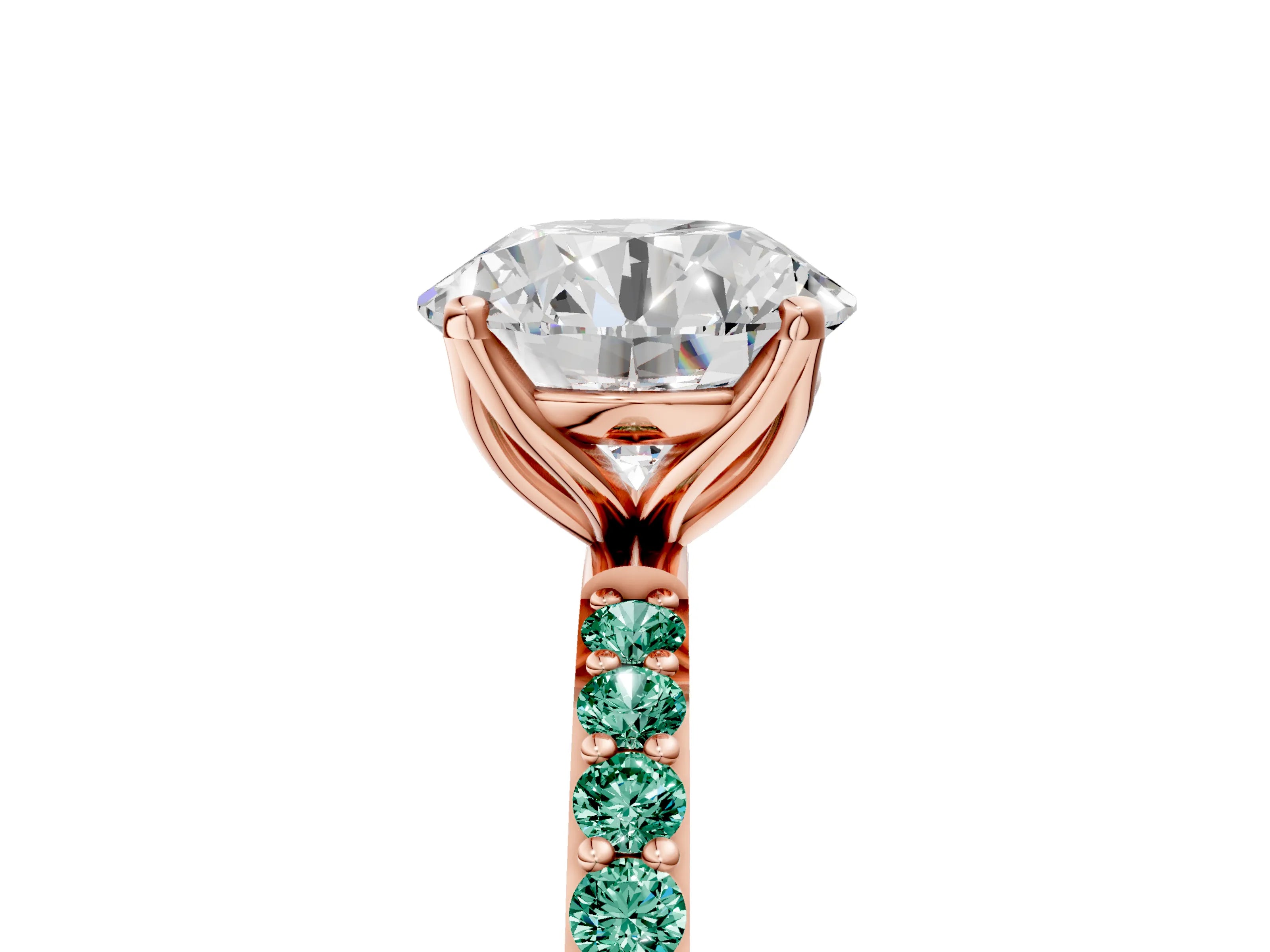 Rose gold Round Cut Diamond Solitaire Engagement Ring with Round with Green Sapphire side stone Pavé Band and Prong Setting_5