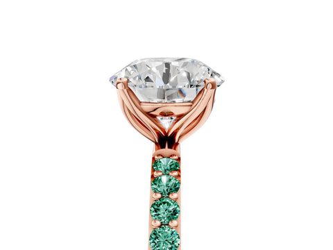 Rose gold Round Cut Diamond Solitaire Engagement Ring with Round with Green Sapphire side stone Pavé Band and Prong Setting_5
