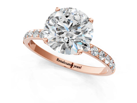Rose gold Round Cut Diamond Solitaire Engagement Ring with Round with Moissanite side stone Pavé Band and Prong Setting_1