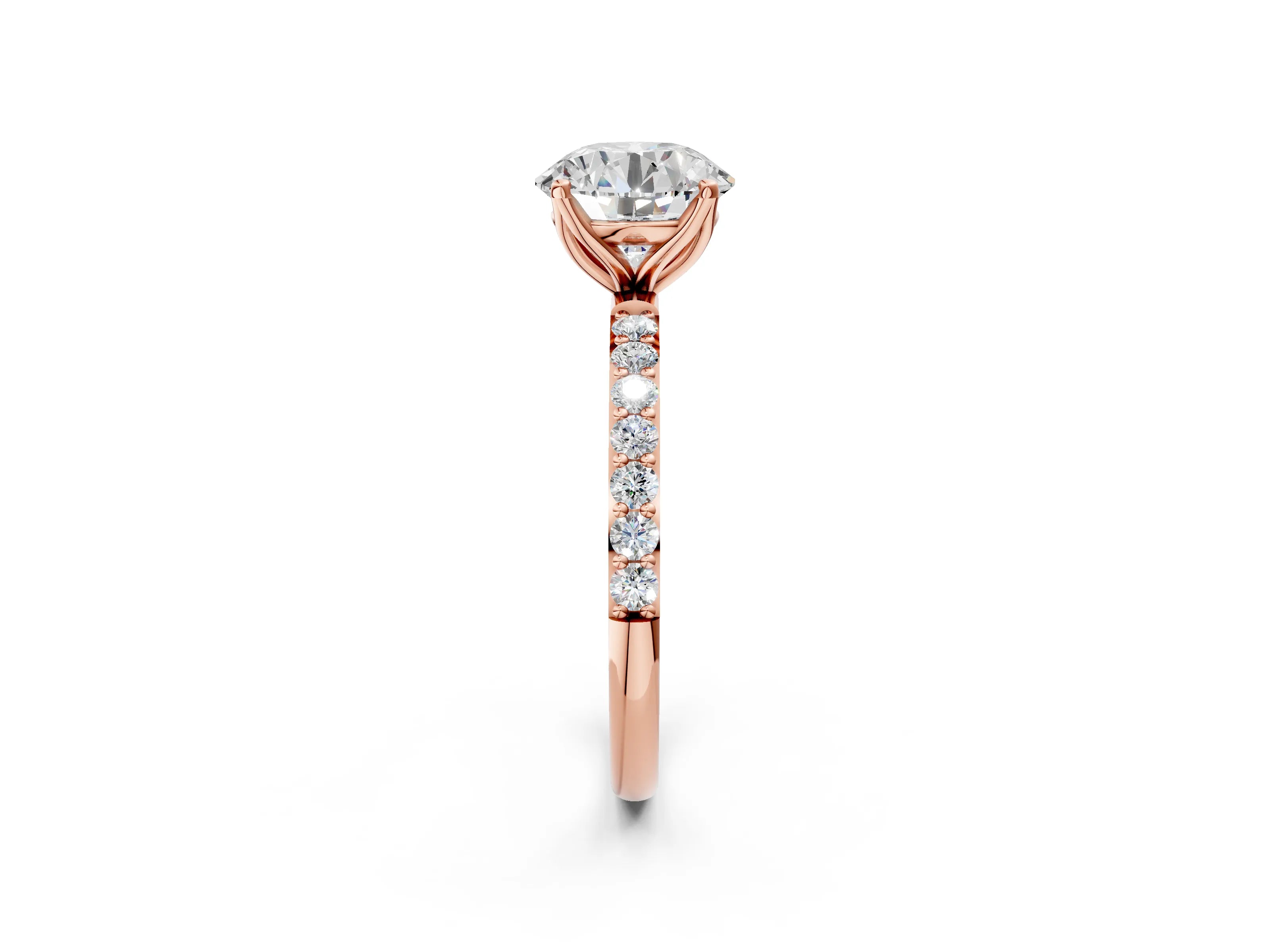 Rose gold Round Cut Diamond Solitaire Engagement Ring with Round with Moissanite side stone Pavé Band and Prong Setting_2