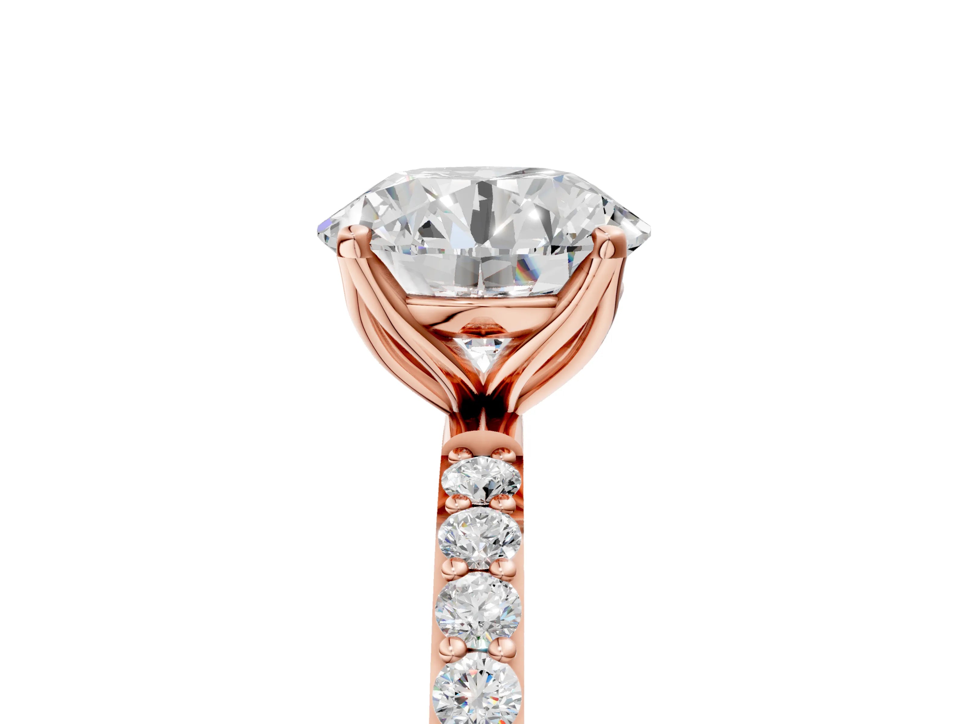 Rose gold Round Cut Diamond Solitaire Engagement Ring with Round with Moissanite side stone Pavé Band and Prong Setting_5