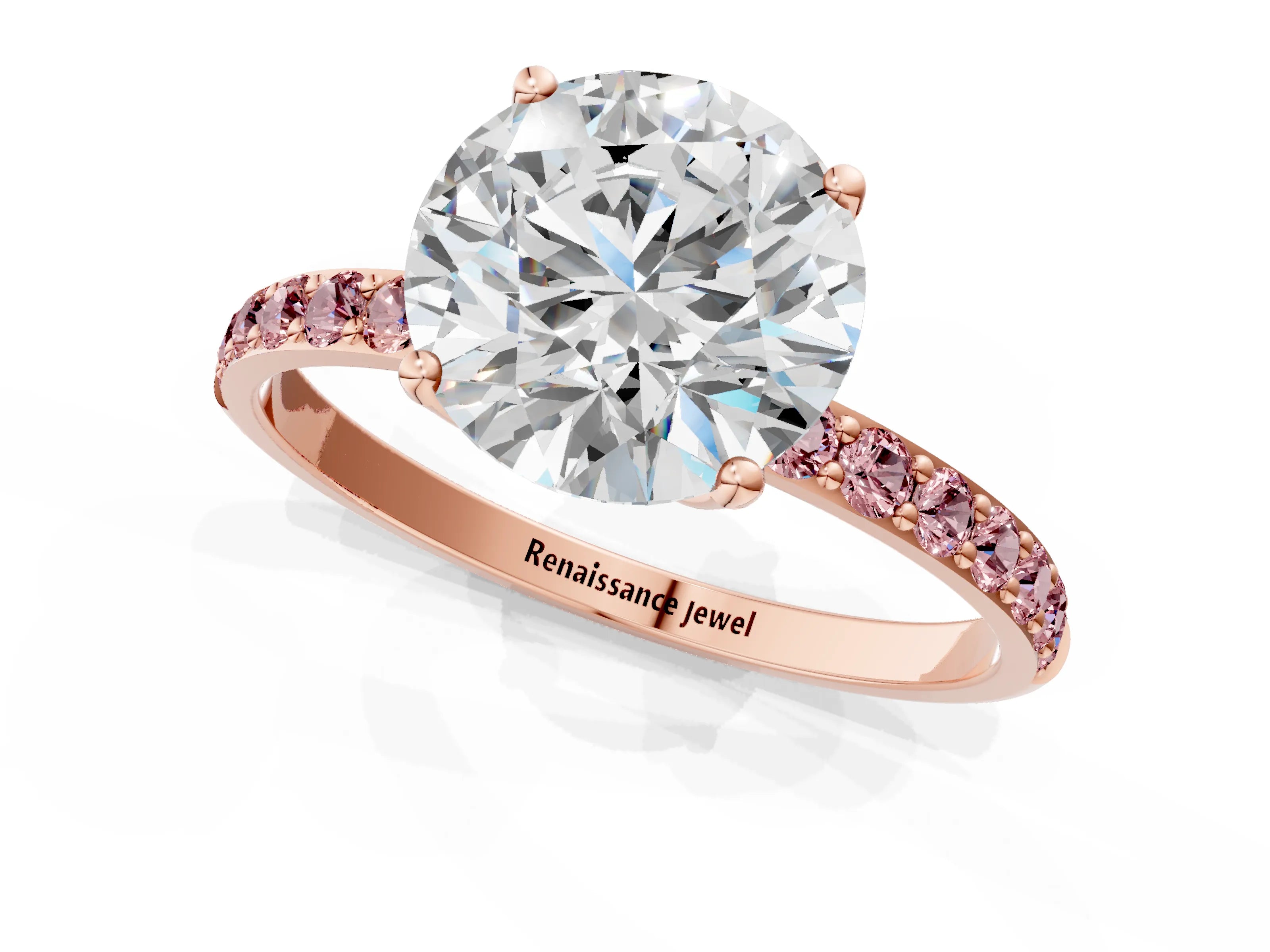 Rose gold Round Cut Diamond Solitaire Engagement Ring with Round with Morganite side stone Pavé Band and Prong Setting_1