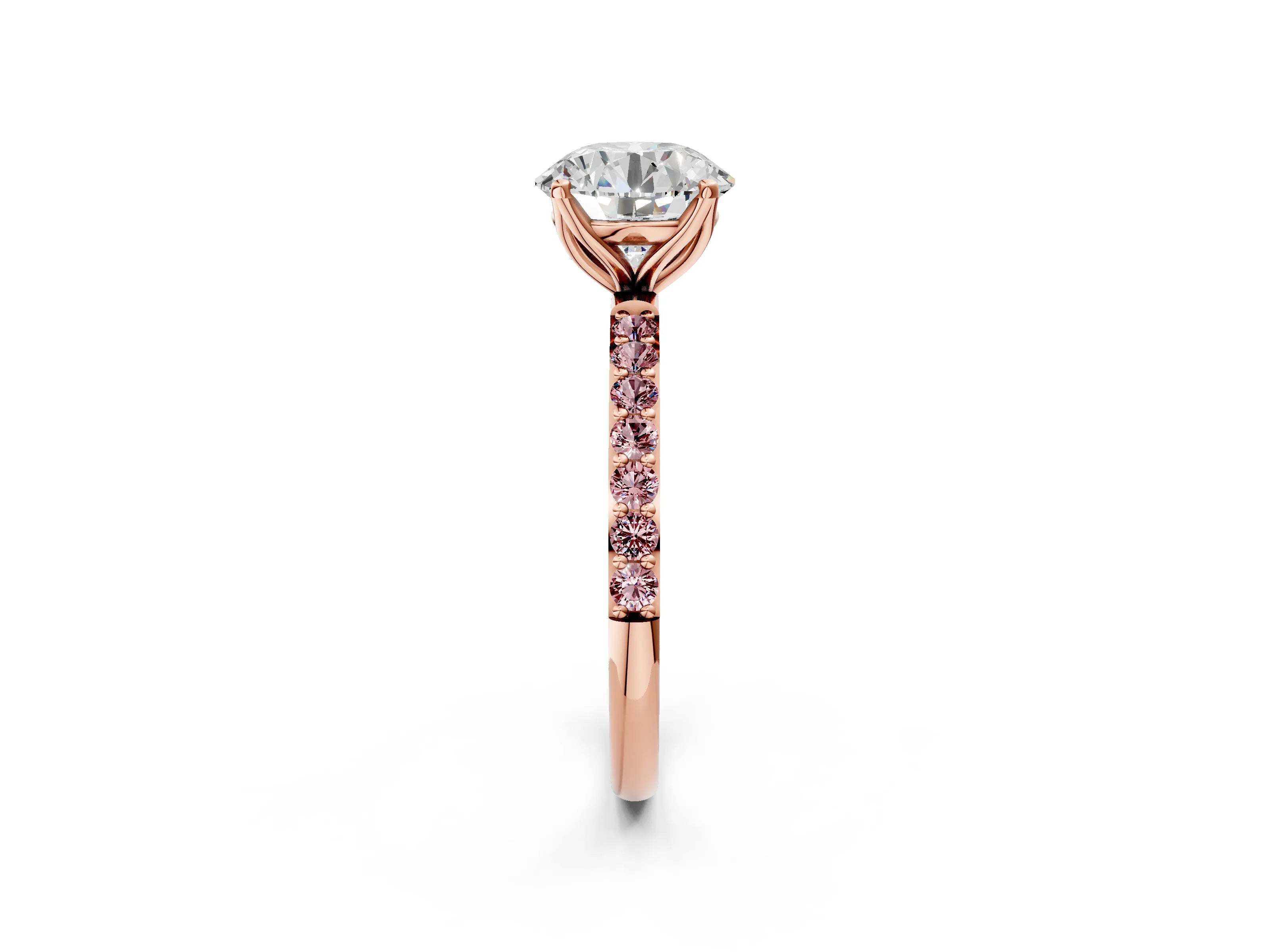Rose gold Round Cut Diamond Solitaire Engagement Ring with Round with Morganite side stone Pavé Band and Prong Setting_2