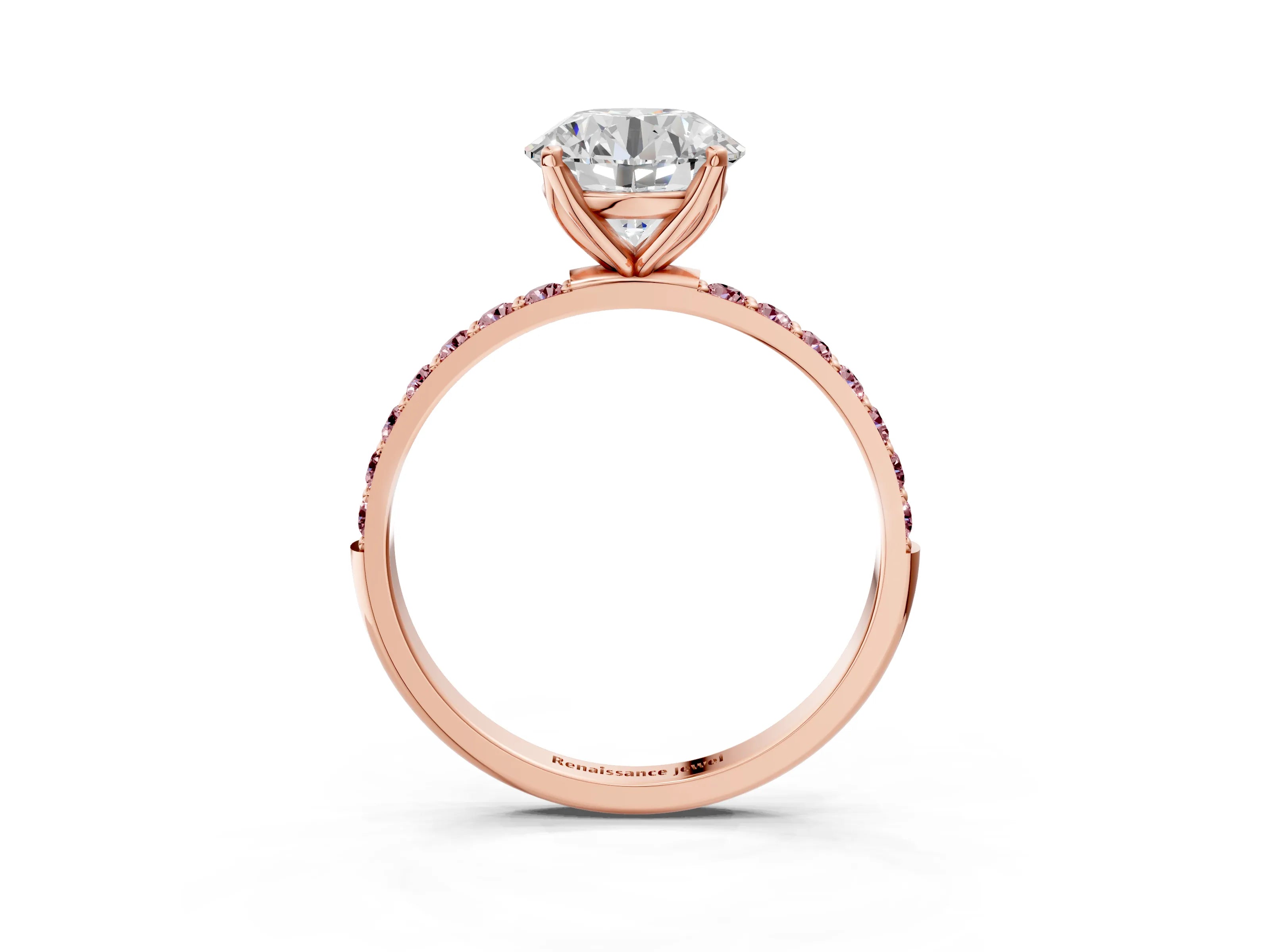 Rose gold Round Cut Diamond Solitaire Engagement Ring with Round with Morganite side stone Pavé Band and Prong Setting_3