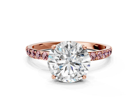 Rose gold Round Cut Diamond Solitaire Engagement Ring with Round with Morganite side stone Pavé Band and Prong Setting