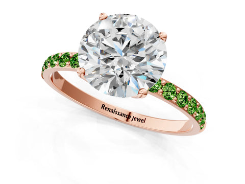 Rose gold Round Cut Diamond Solitaire Engagement Ring with Round with Peridot side stone Pavé Band and Prong Setting_1