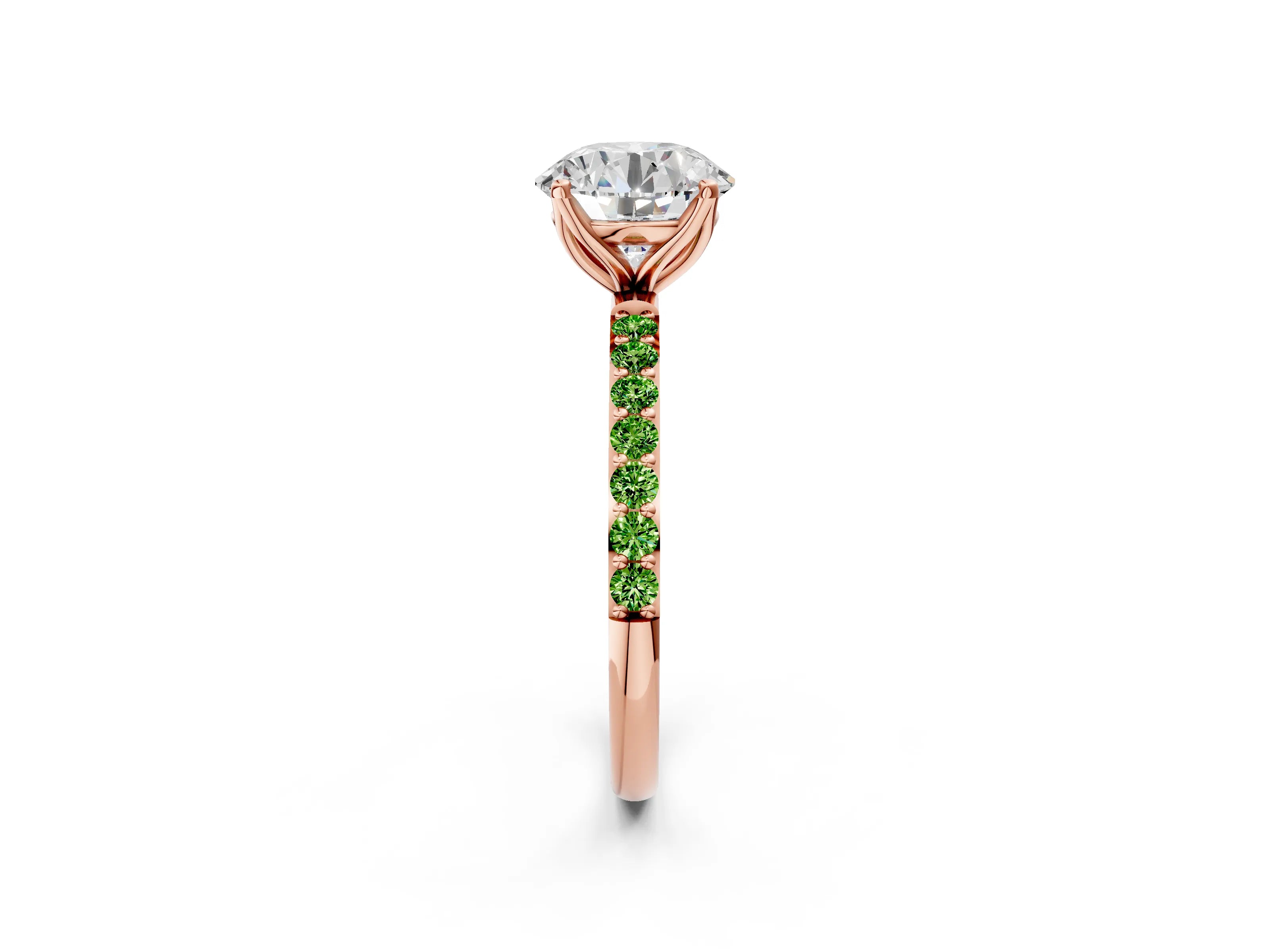 Rose gold Round Cut Diamond Solitaire Engagement Ring with Round with Peridot side stone Pavé Band and Prong Setting_2