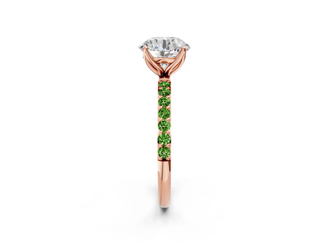 Rose gold Round Cut Diamond Solitaire Engagement Ring with Round with Peridot side stone Pavé Band and Prong Setting_2