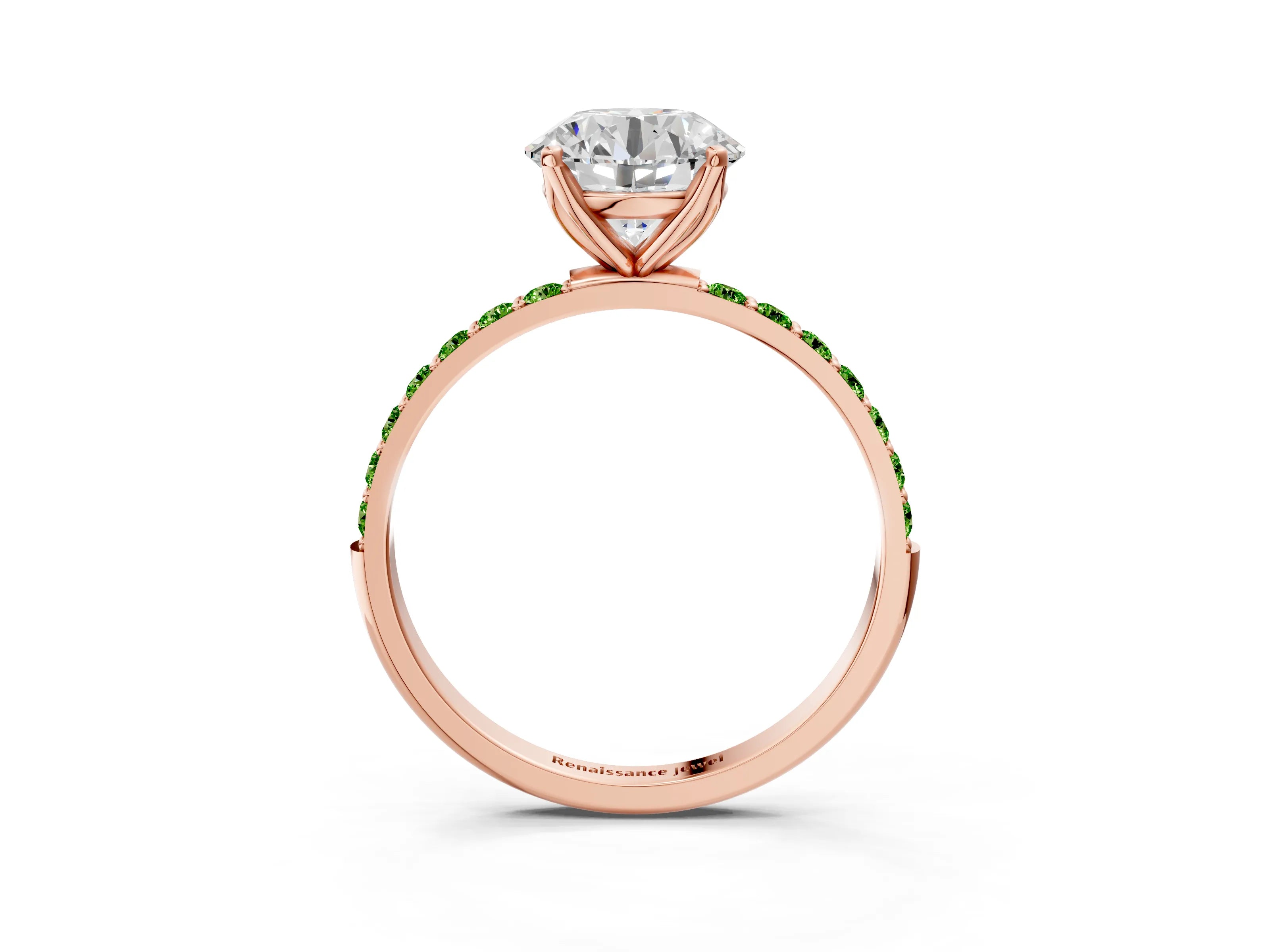 Rose gold Round Cut Diamond Solitaire Engagement Ring with Round with Peridot side stone Pavé Band and Prong Setting_3