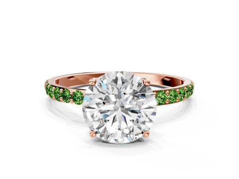 Rose gold Round Cut Diamond Solitaire Engagement Ring with Round with Peridot side stone Pavé Band and Prong Setting