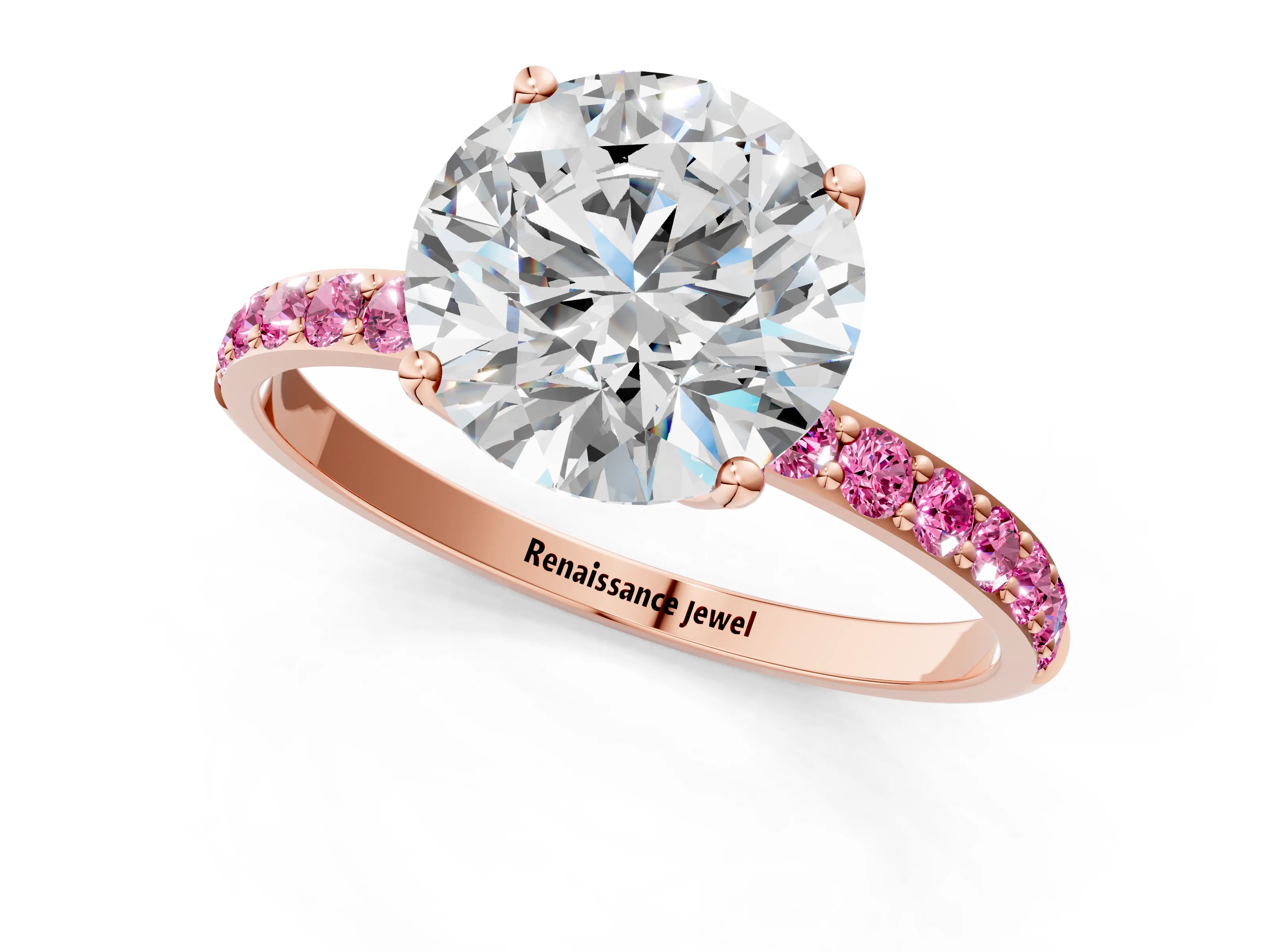 Rose gold Round Cut Diamond Solitaire Engagement Ring with Round with Pink Sapphire side stone Pavé Band and Prong Setting_1