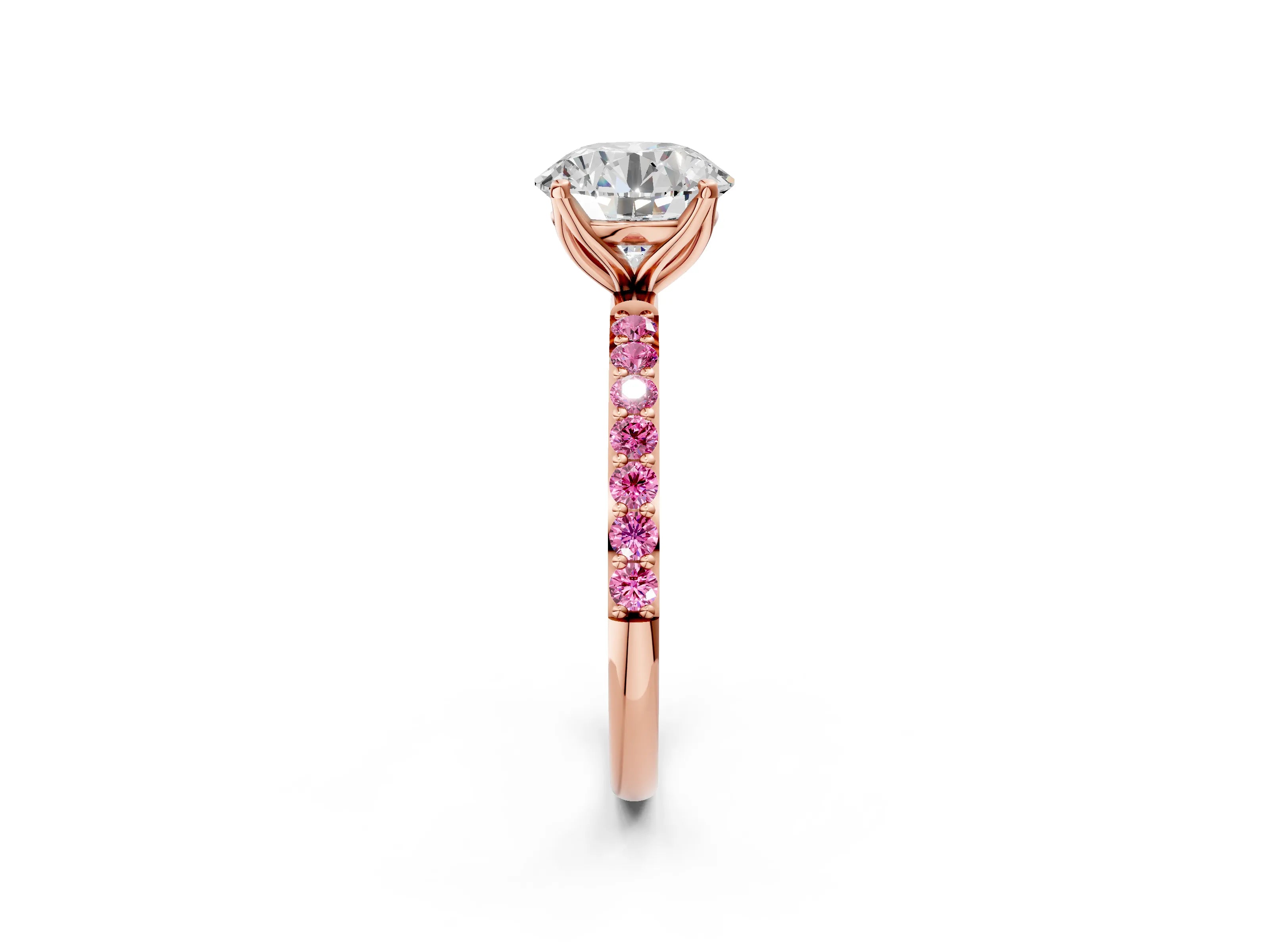 Rose gold Round Cut Diamond Solitaire Engagement Ring with Round with Pink Sapphire side stone Pavé Band and Prong Setting_2