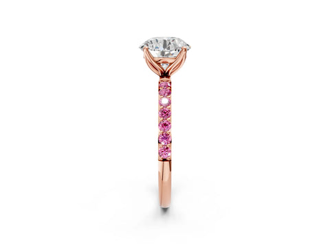 Rose gold Round Cut Diamond Solitaire Engagement Ring with Round with Pink Sapphire side stone Pavé Band and Prong Setting_2