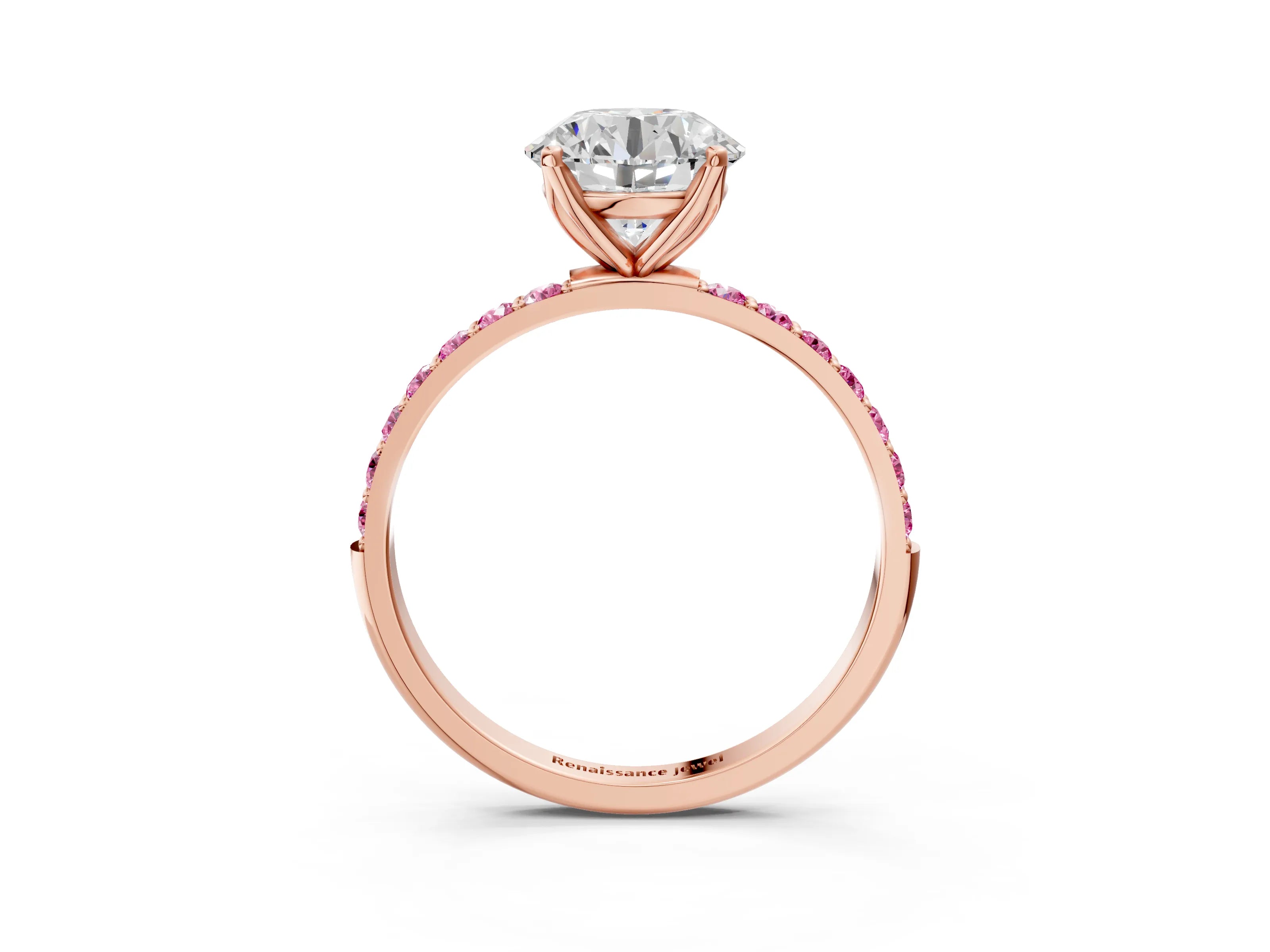 Rose gold Round Cut Diamond Solitaire Engagement Ring with Round with Pink Sapphire side stone Pavé Band and Prong Setting_3