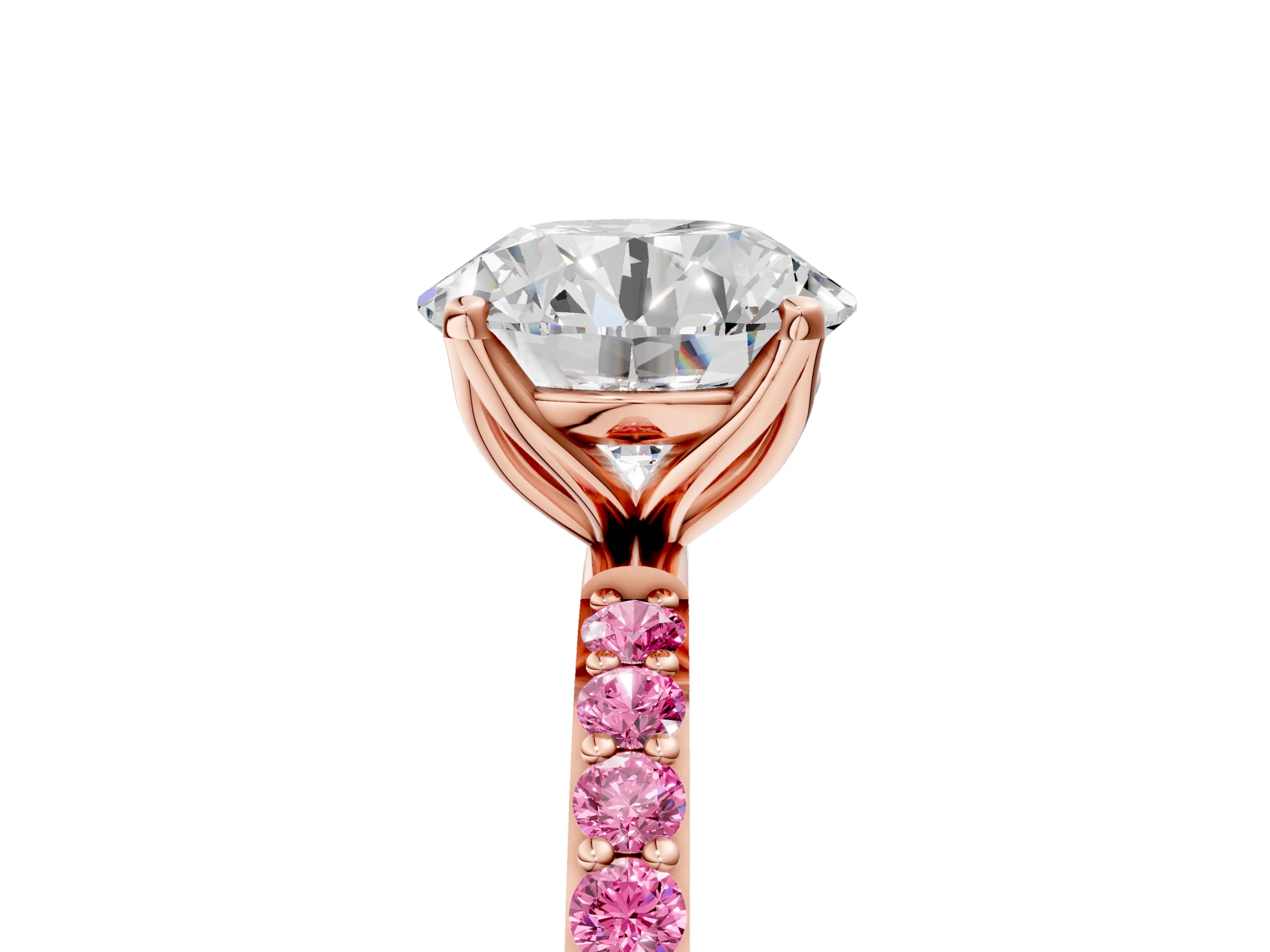 Rose gold Round Cut Diamond Solitaire Engagement Ring with Round with Pink Sapphire side stone Pavé Band and Prong Setting_5