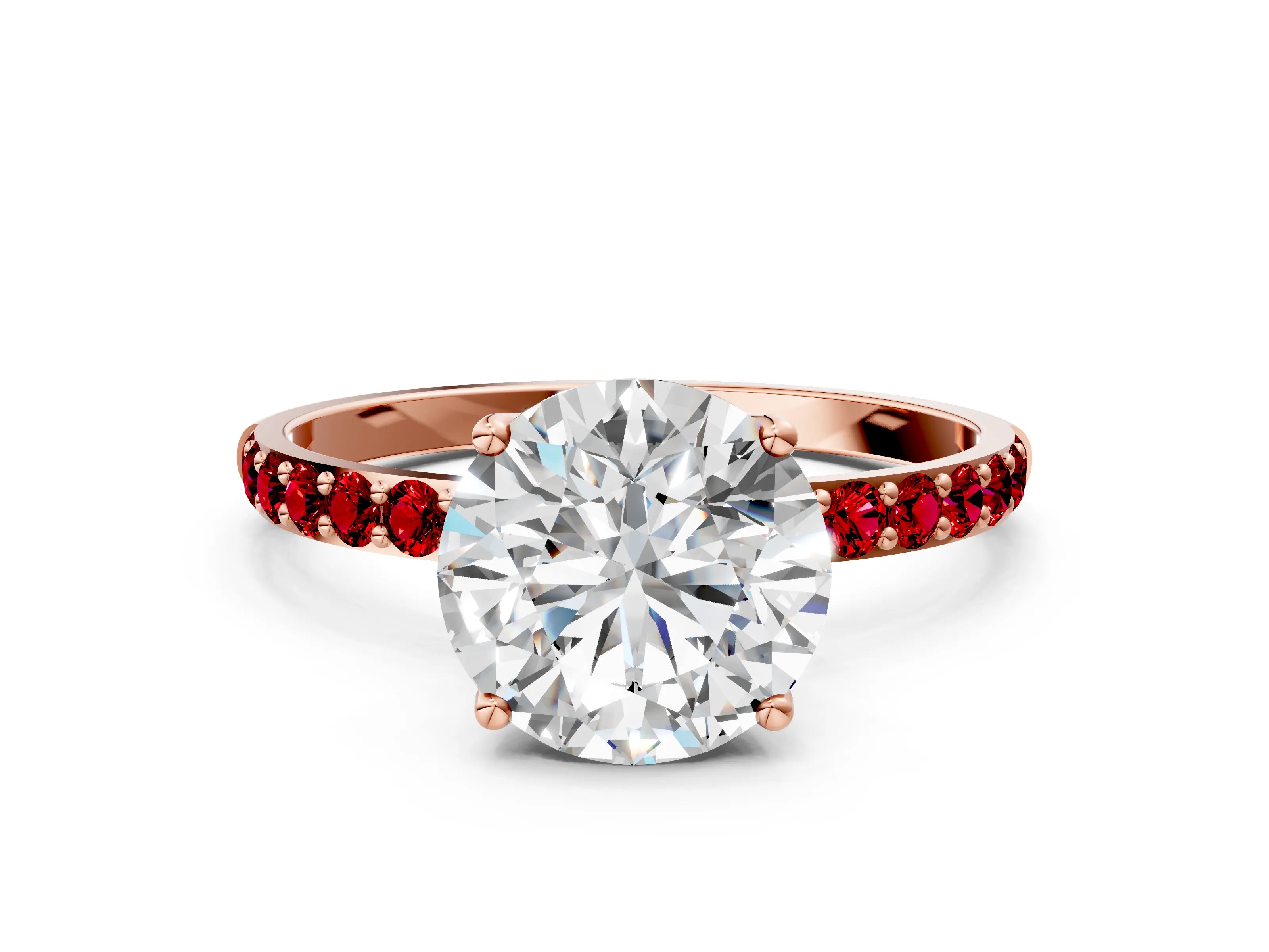 Rose gold Round Cut Diamond Solitaire Engagement Ring with Round with Ruby side stone Pavé Band and Prong Setting