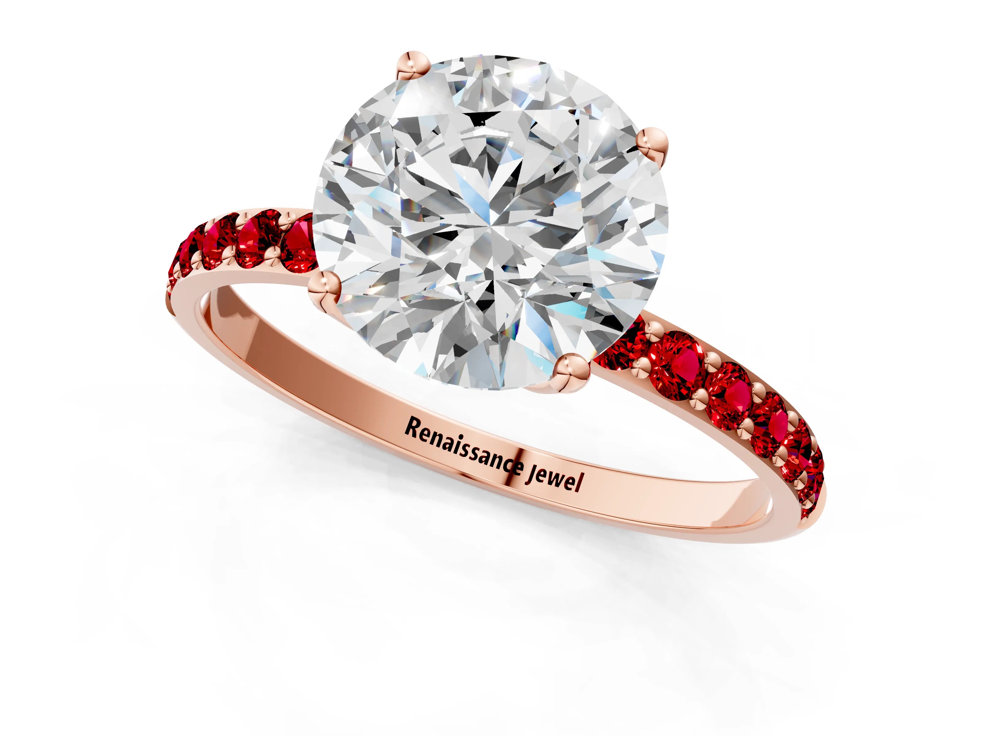 Rose gold Round Cut Diamond Solitaire Engagement Ring with Round with Ruby side stone Pavé Band and Prong Setting_1