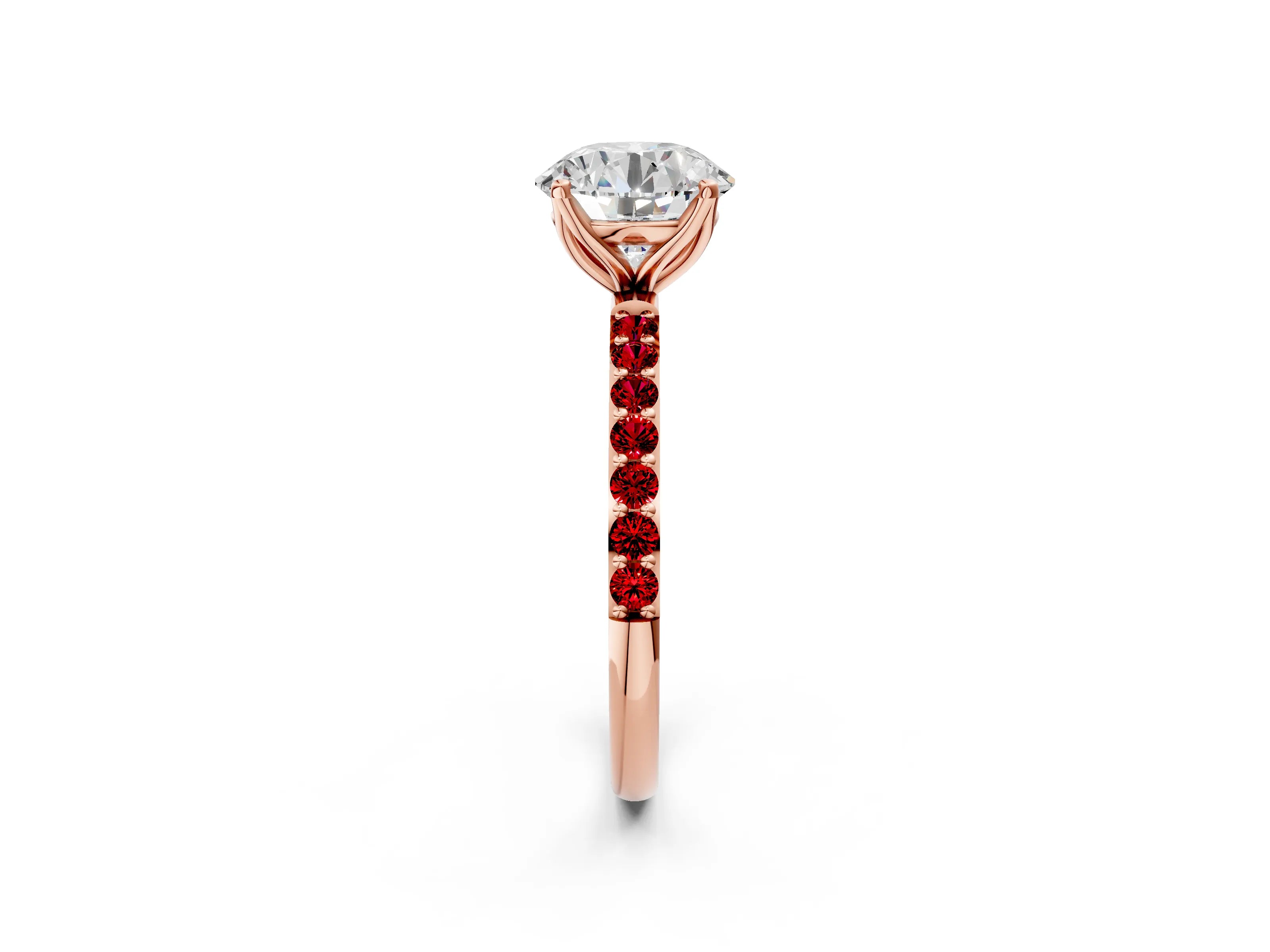Rose gold Round Cut Diamond Solitaire Engagement Ring with Round with Ruby side stone Pavé Band and Prong Setting_2