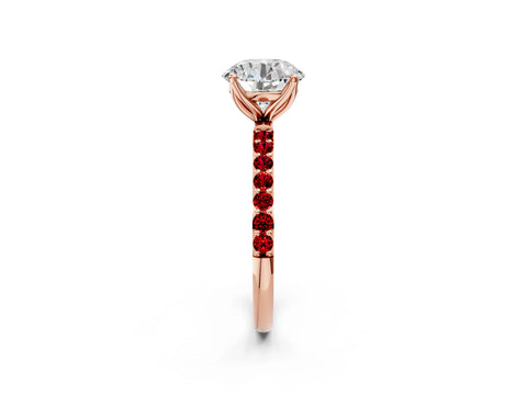 Rose gold Round Cut Diamond Solitaire Engagement Ring with Round with Ruby side stone Pavé Band and Prong Setting_2