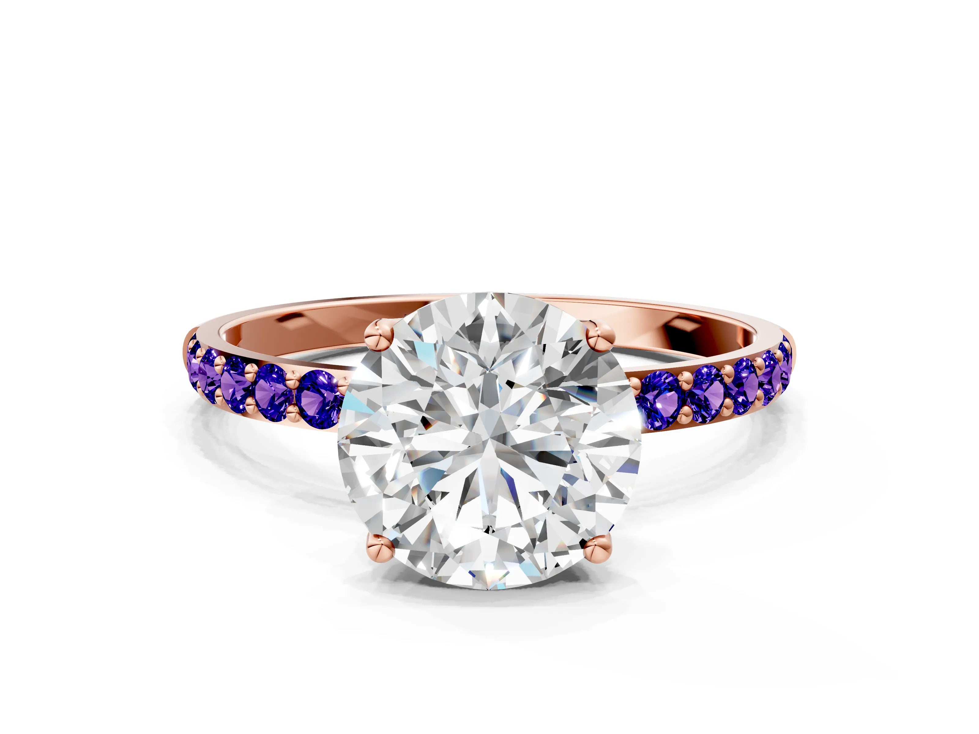 Rose gold Round Cut Diamond Solitaire Engagement Ring with Round with Tanzanite side stone Pavé Band and Prong Setting