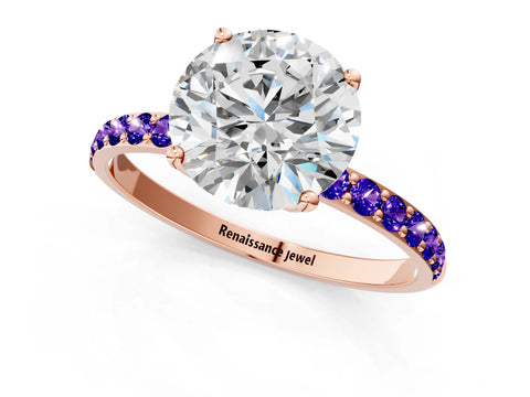 Rose gold Round Cut Diamond Solitaire Engagement Ring with Round with Tanzanite side stone Pavé Band and Prong Setting_1