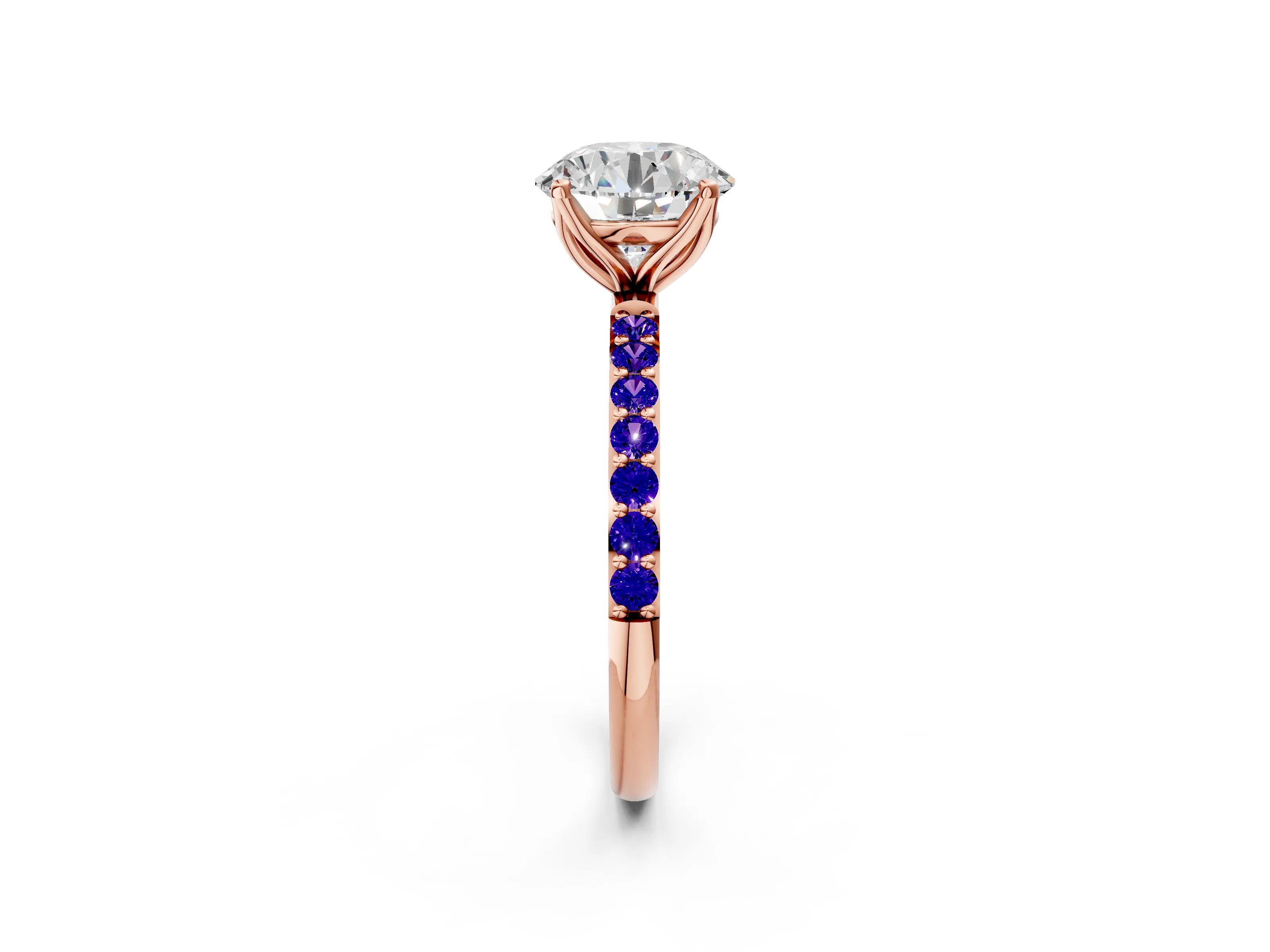 Rose gold Round Cut Diamond Solitaire Engagement Ring with Round with Tanzanite side stone Pavé Band and Prong Setting_2