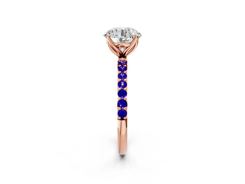 Rose gold Round Cut Diamond Solitaire Engagement Ring with Round with Tanzanite side stone Pavé Band and Prong Setting_2