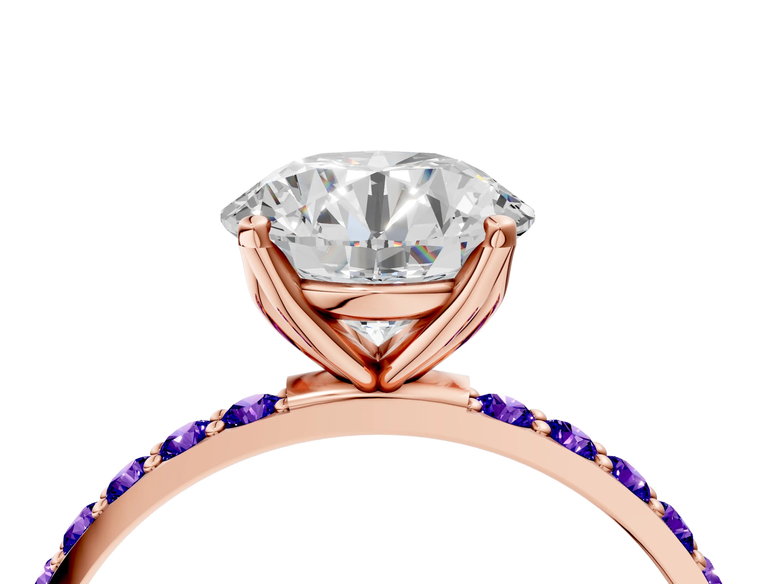 Rose gold Round Cut Diamond Solitaire Engagement Ring with Round with Tanzanite side stone Pavé Band and Prong Setting_4