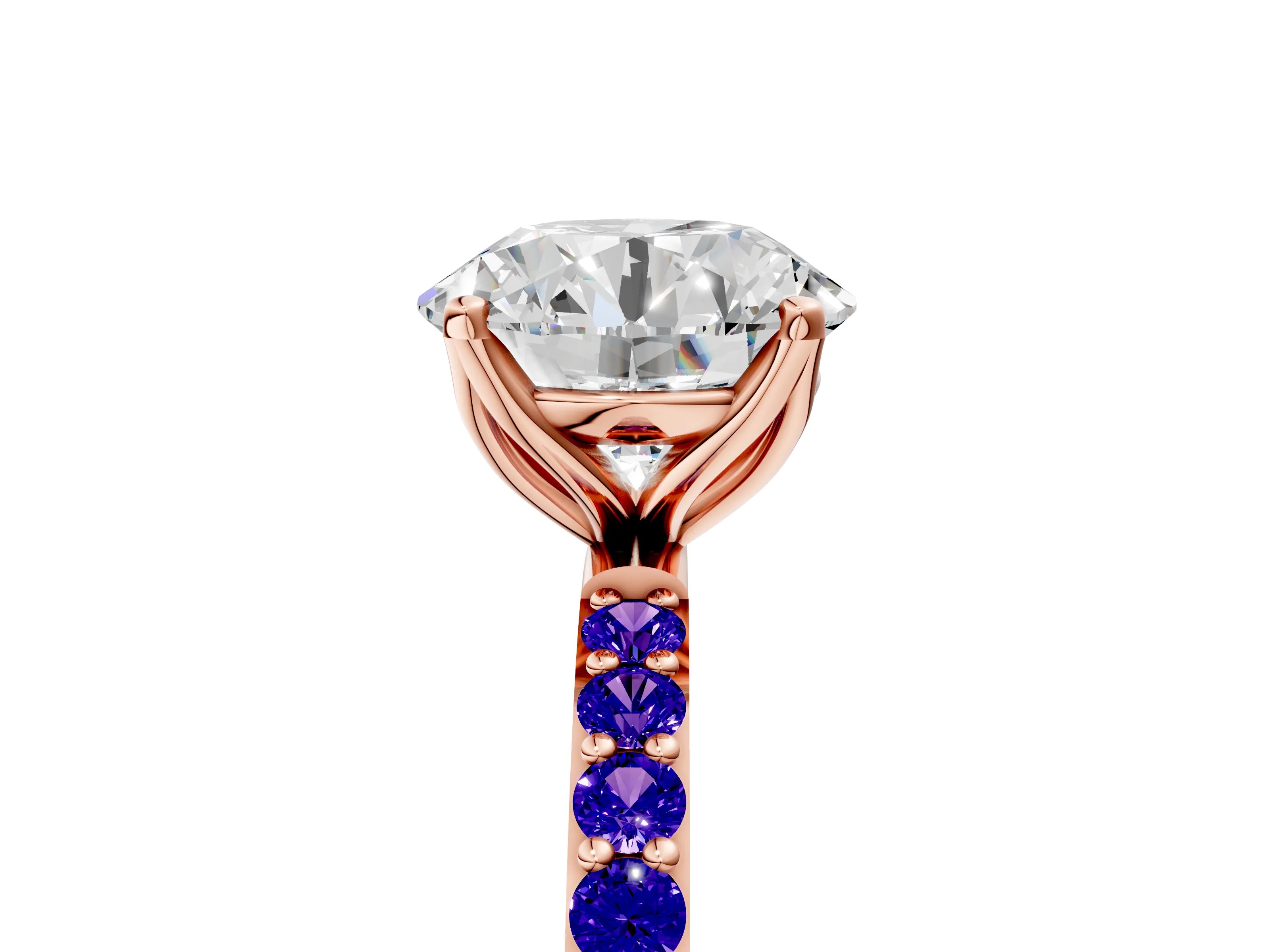 Rose gold Round Cut Diamond Solitaire Engagement Ring with Round with Tanzanite side stone Pavé Band and Prong Setting_5