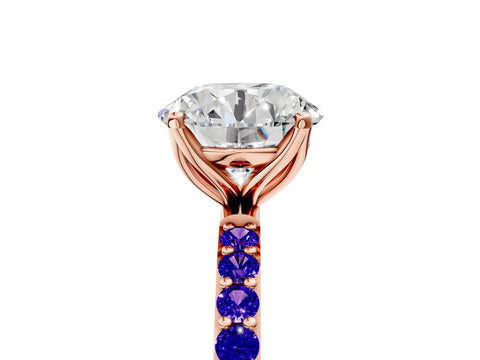 Rose gold Round Cut Diamond Solitaire Engagement Ring with Round with Tanzanite side stone Pavé Band and Prong Setting_5