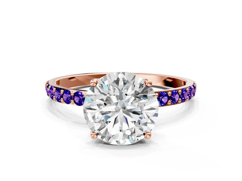 Rose gold Round Cut Diamond Solitaire Engagement Ring with Round with Tanzanite side stone Pavé Band and Prong Setting