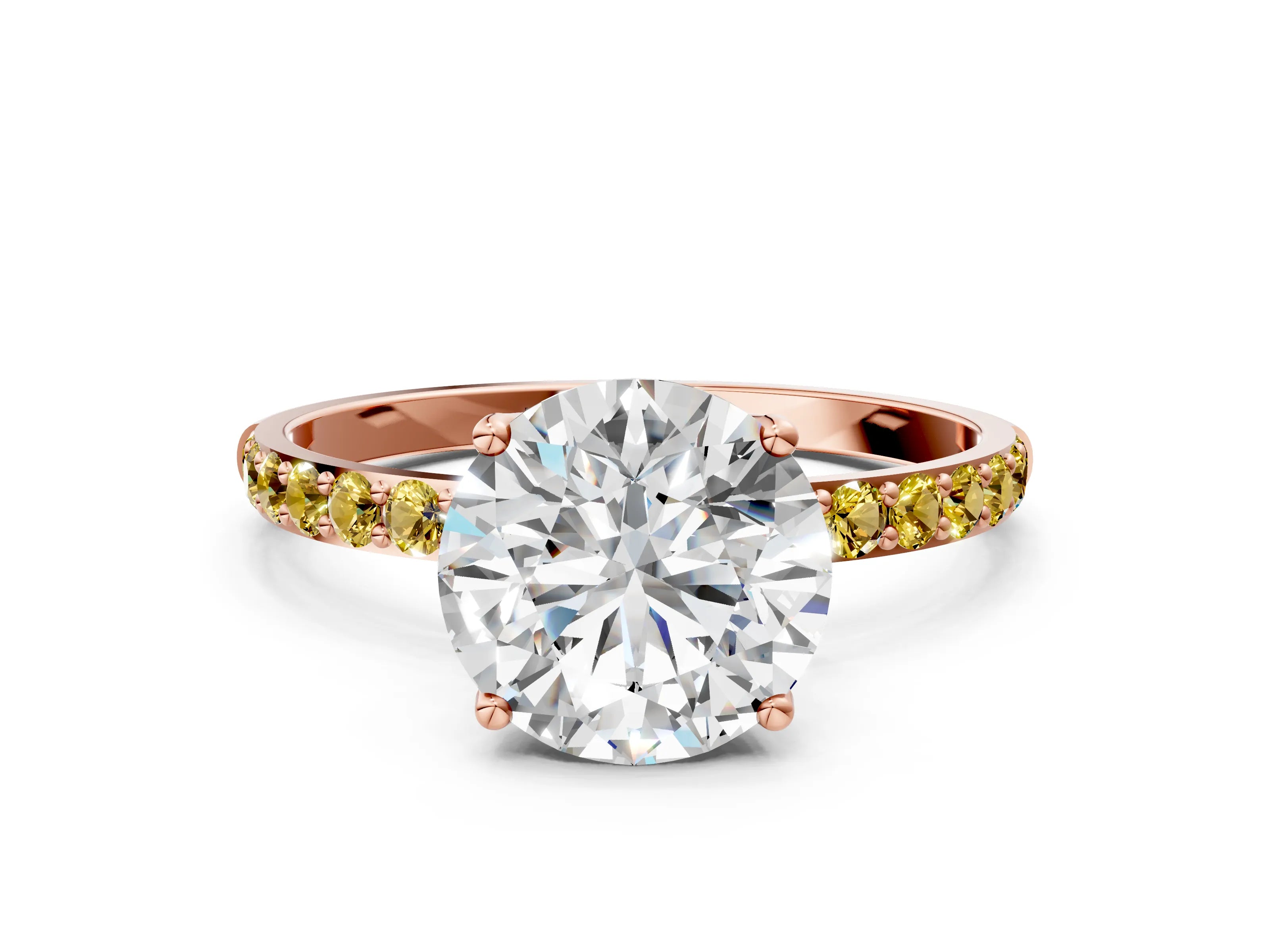 Rose gold Round Cut Diamond Solitaire Engagement Ring with Round with Yellow Sapphire side stone Pavé Band and Prong Setting