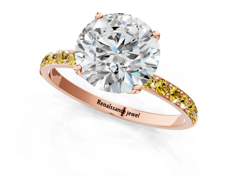 Rose gold Round Cut Diamond Solitaire Engagement Ring with Round with Yellow Sapphire side stone Pavé Band and Prong Setting_1