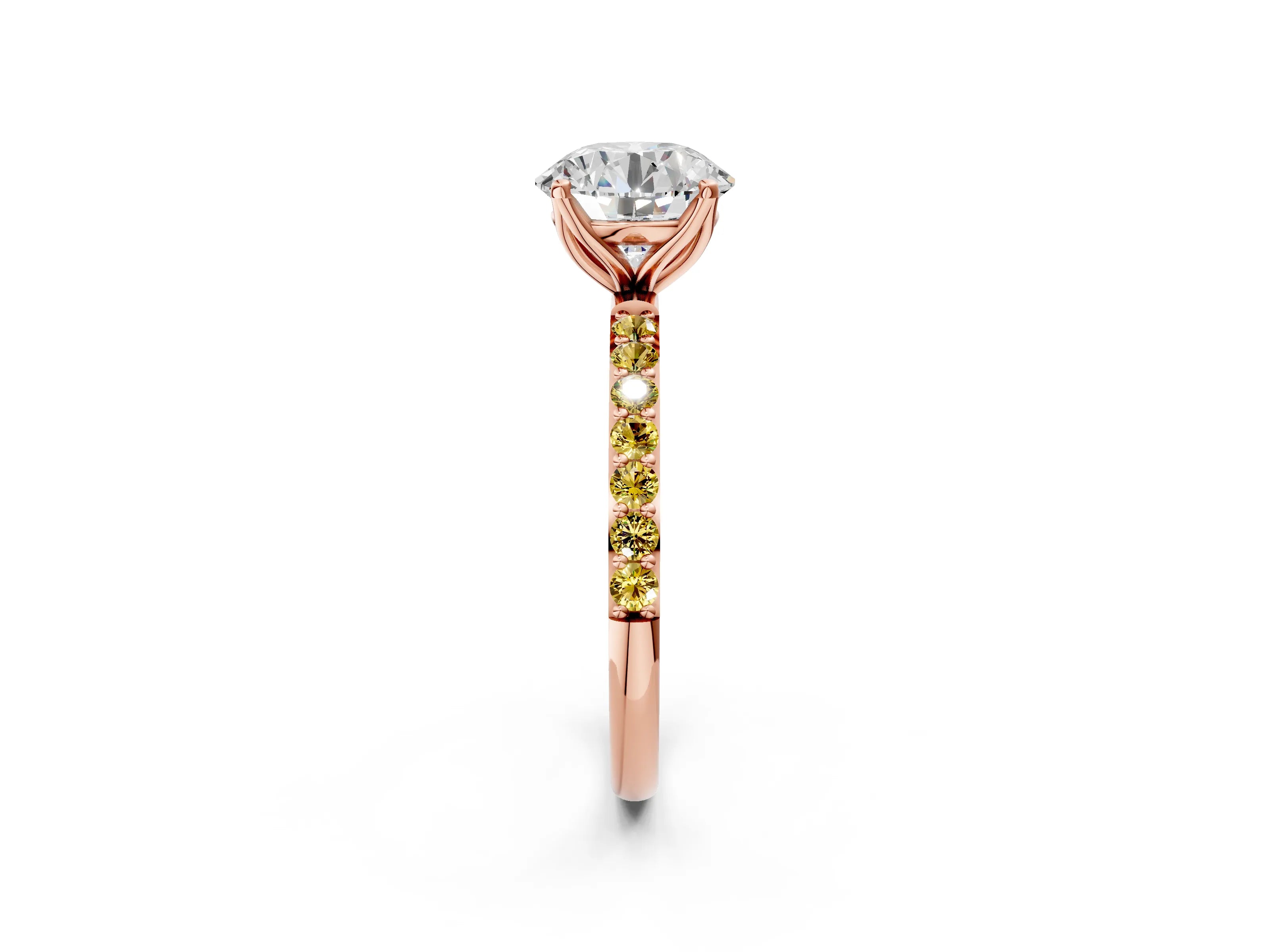 Rose gold Round Cut Diamond Solitaire Engagement Ring with Round with Yellow Sapphire side stone Pavé Band and Prong Setting_2