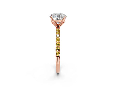 Rose gold Round Cut Diamond Solitaire Engagement Ring with Round with Yellow Sapphire side stone Pavé Band and Prong Setting_2
