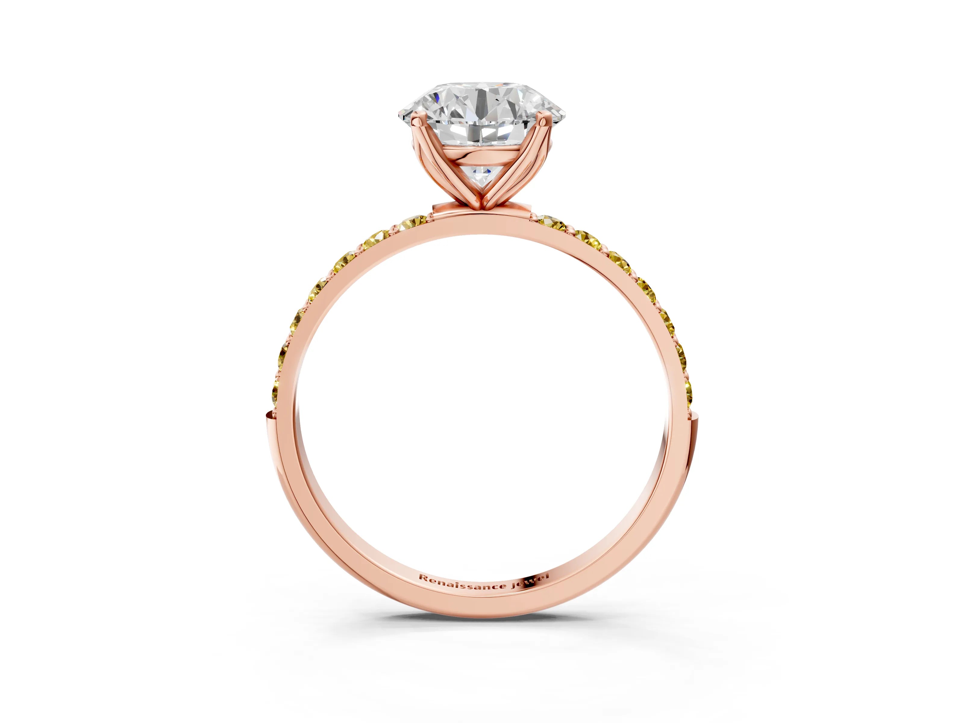 Rose gold Round Cut Diamond Solitaire Engagement Ring with Round with Yellow Sapphire side stone Pavé Band and Prong Setting_3