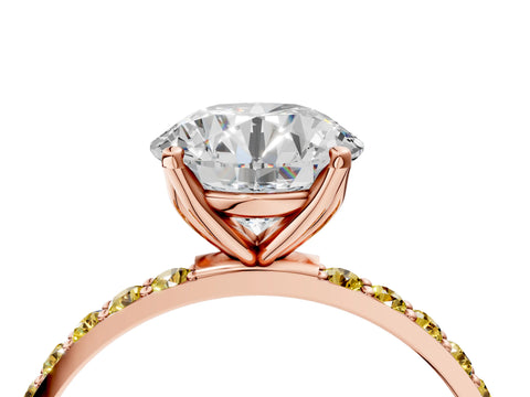 Rose gold Round Cut Diamond Solitaire Engagement Ring with Round with Yellow Sapphire side stone Pavé Band and Prong Setting_4