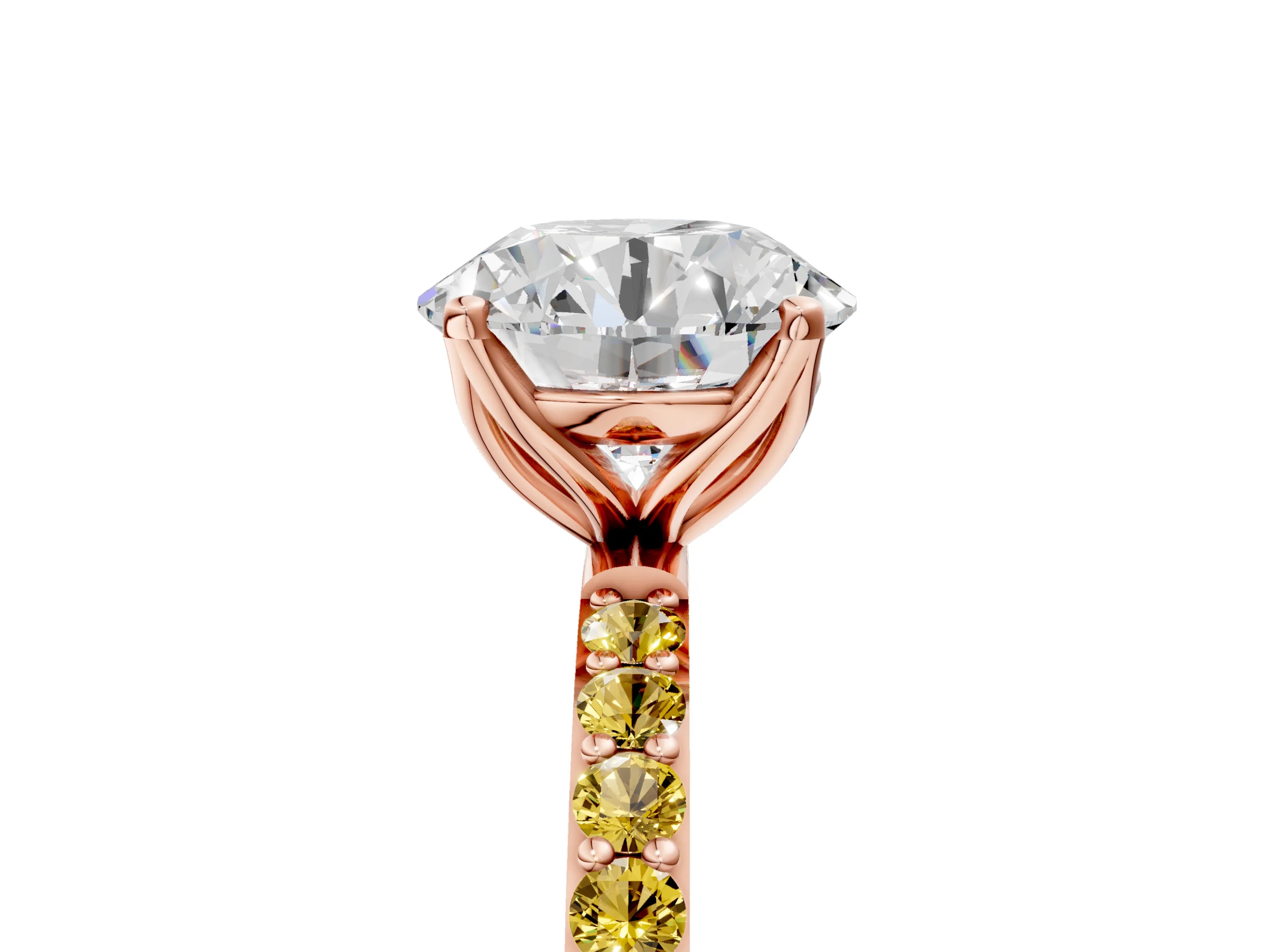 Rose gold Round Cut Diamond Solitaire Engagement Ring with Round with Yellow Sapphire side stone Pavé Band and Prong Setting_5