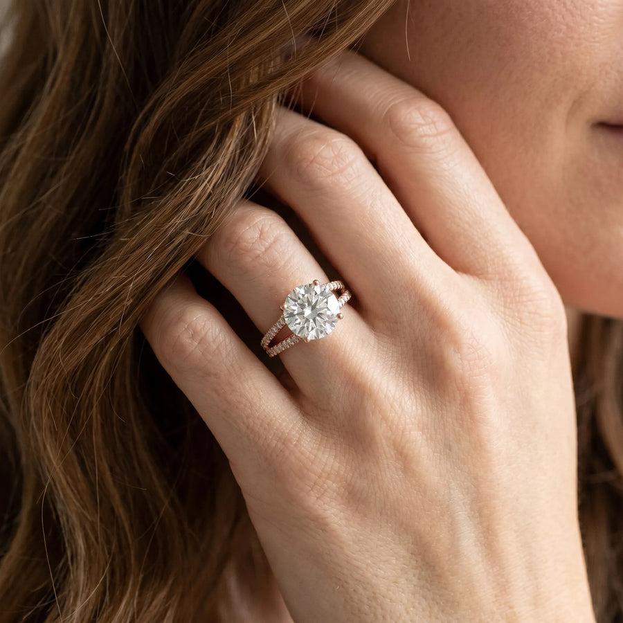 Rose gold Round Cut Diamond Solitaire Engagement Ring with Split Shank Pavé Band