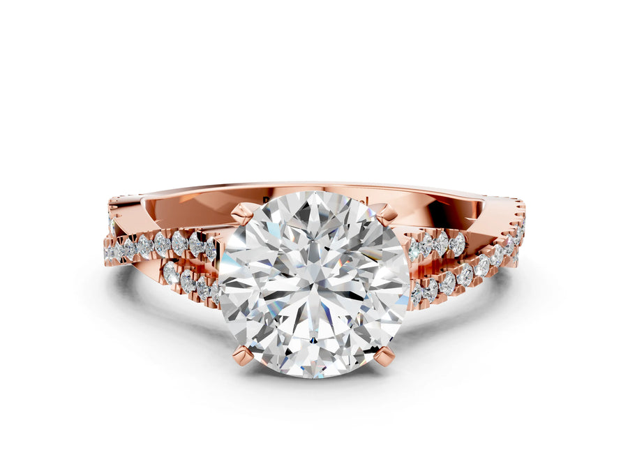 Rose gold Round Cut Diamond Solitaire Engagement Ring with Twisted Pavé Band and Four-Prong Setting