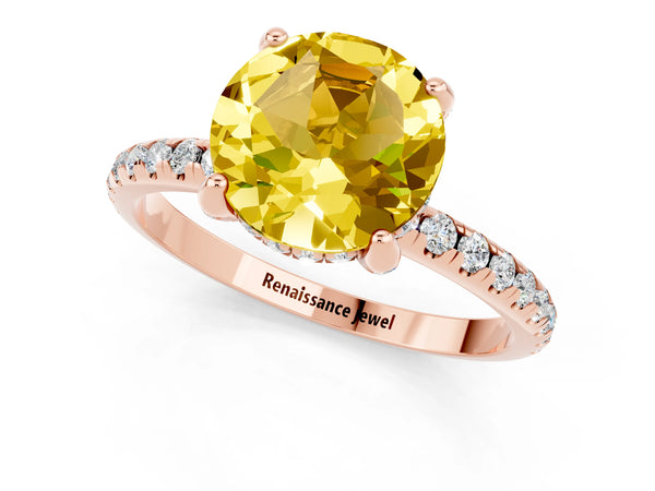 Rose gold Round Cut Yellow Sapphire Hidden Halo Engagement Ring with Round Pavé Band and Prong Setting