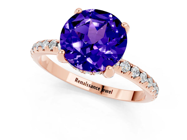 Rose gold Round Cut Tanzanite Hidden Halo Engagement Ring with Round Pavé Band and Prong Setting